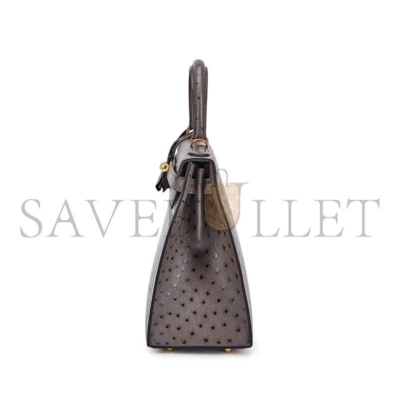 HERMÈS MASTER OSTRICH KELLY 25 PEWTER GREY GOLD BUCKLE (25*17*7cm)